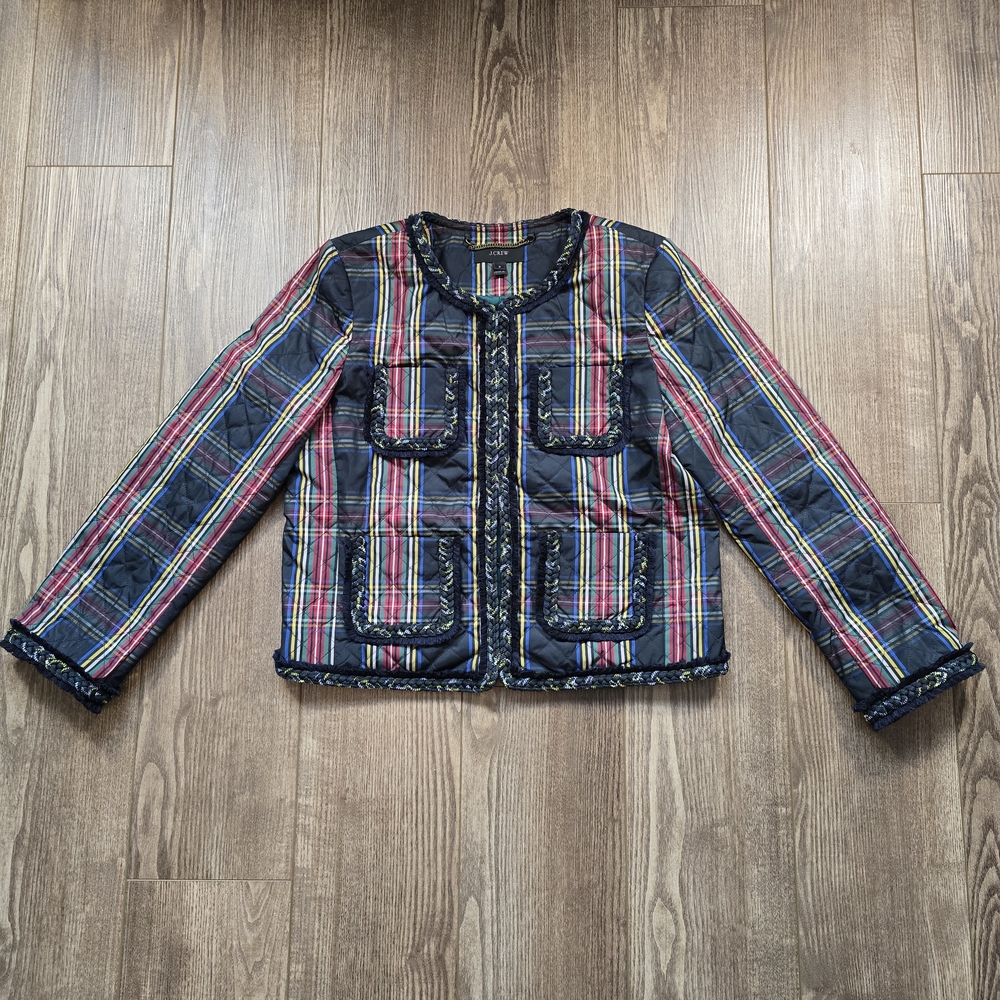 J.Crew Short Jacket Womens 8 Black Plaid Stewart Tartan Quilted Preppy Academia